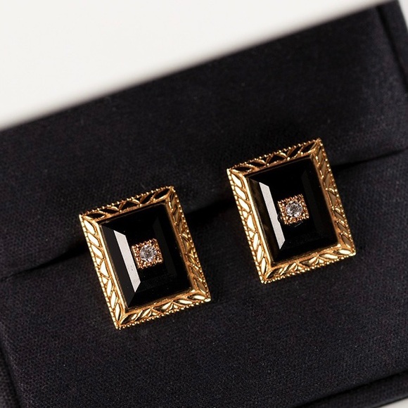 Premium Gold plated Sterling silver black Onyx studs - Picture 4 of 5